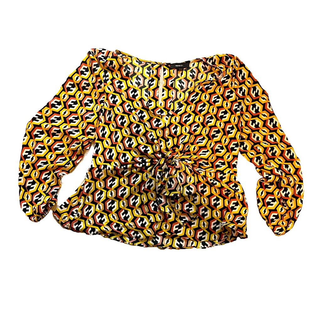 Retro Print Front Tie Blouse - 3X
